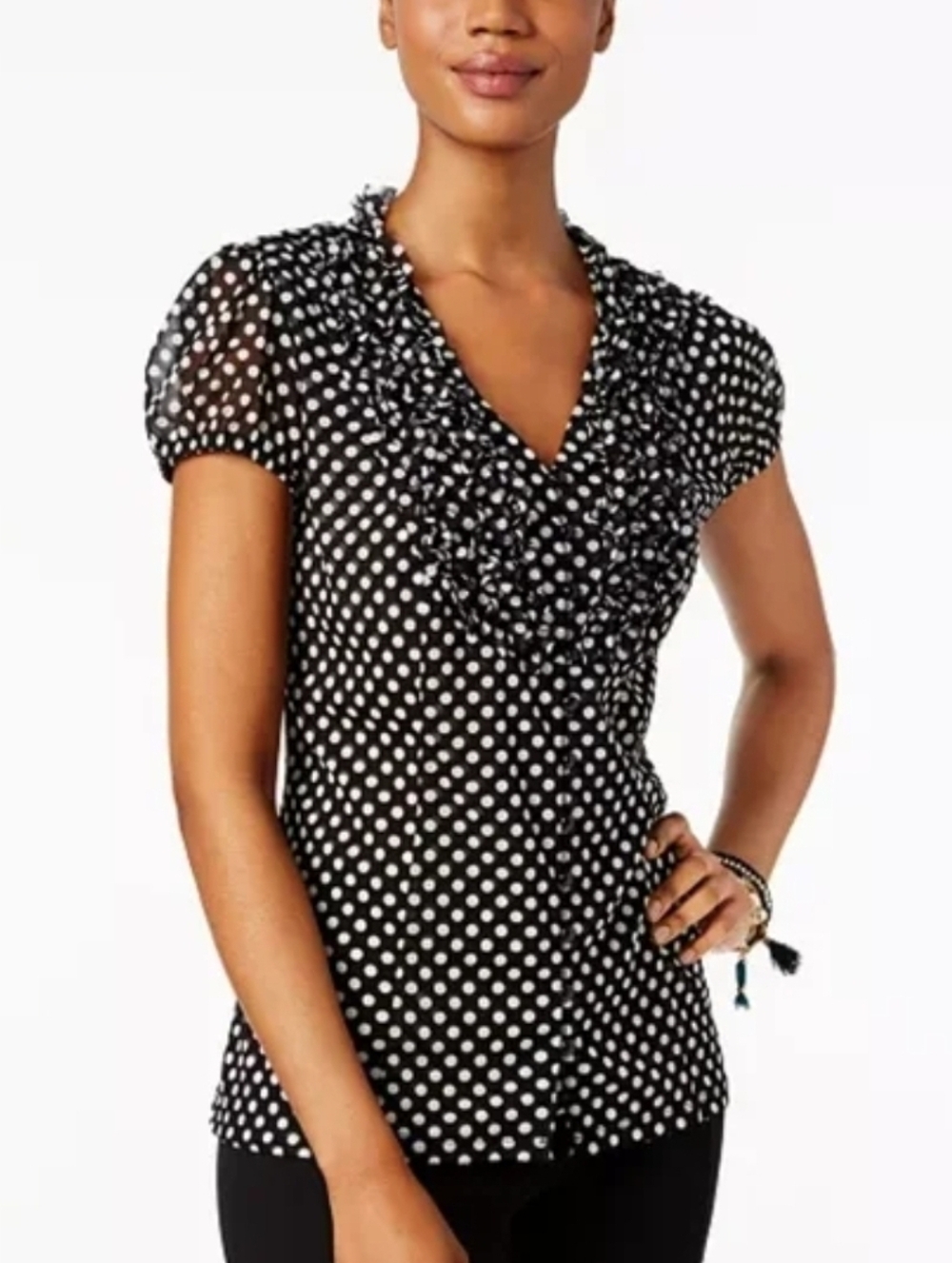 INC International Concepts Black and White Polka Dot Ruffle V-Neck Blouse